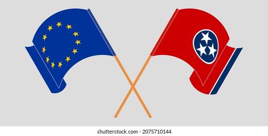 Crossed and waving flags of the European Union and The State of Tennessee. Vector illustration
