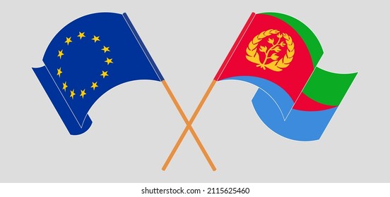 Crossed and waving flags of the European Union and Eritrea. Vector illustration
