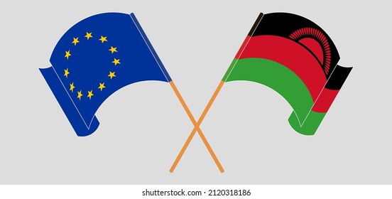 Crossed and waving flags of the European Union and Malawi. Vector illustration
