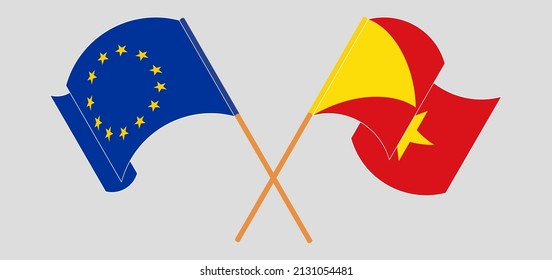 Crossed and waving flags of the European Union and Tigray. Vector illustration