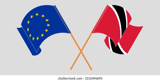 Crossed and waving flags of the European Union and Trinidad and Tobago. Vector illustration
