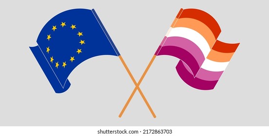 Crossed and waving flags of the European Union and Lesbian Pride. Vector illustration
