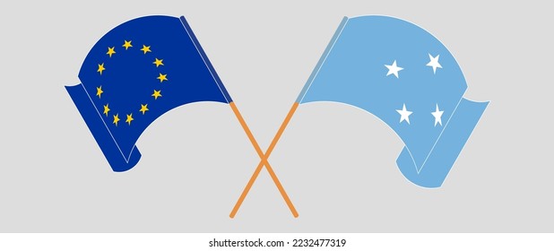 Crossed and waving flags of the European Union and Micronesia. Vector illustration
