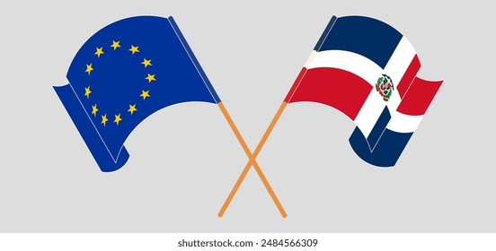 Crossed and waving flags of the European Union and Dominican Republic. Vector illustration
