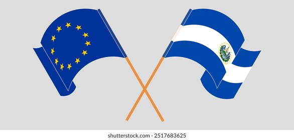 Bandeiras cruzadas e acenando da União Europeia e da República de El Salvador. Ilustração vetorial.
