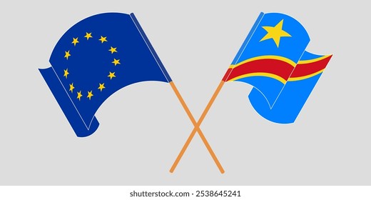 Crossed and waving flags of the European Union and Democratic Republic of the Congo. Vector illustration.
