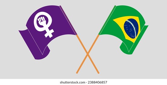 Crossed and waving flags of Feminism and Brazil