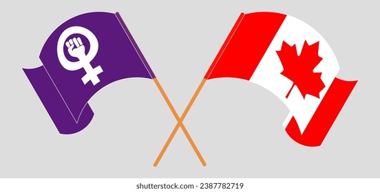 Crossed and waving flags of Feminism and Canada. Vector illustration
