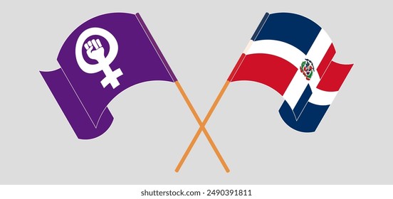 Crossed and waving flags of Feminism and Dominican Republic. Vector illustration
