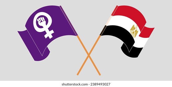 Crossed and waving flags of Feminism and Egypt. Vector illustration
