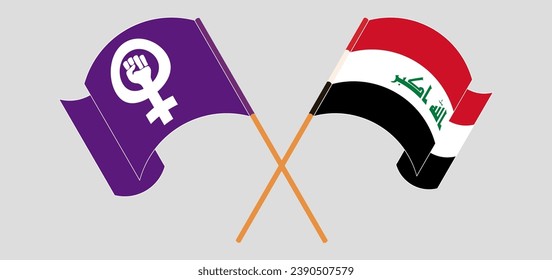 Crossed and waving flags of Feminism and Iraq. Vector illustration
