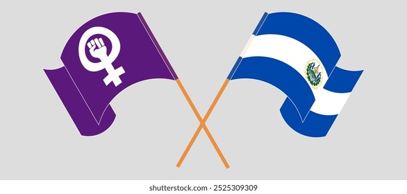 Crossed and waving flags of Feminism and Republic of El Salvador. Vector illustration.
