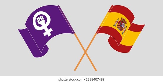 Crossed and waving flags of Feminism and Spain
