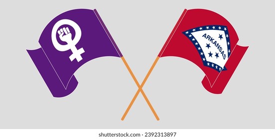 Crossed and waving flags of Feminism and The State of Arkansas. Vector illustration
