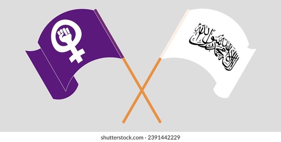 Crossed and waving flags of Feminism and Taliban. Vector illustration
