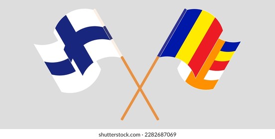 Crossed and waving flags of Finland and Buddhism. Vector illustration