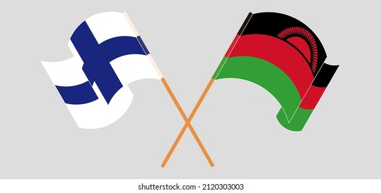 Crossed and waving flags of Finland and Malawi. Vector illustration