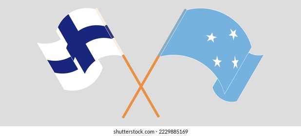 Crossed and waving flags of Finland and Micronesia. Vector illustration
