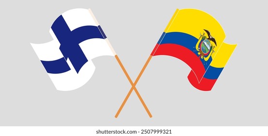 Crossed and waving flags of Finland and Republic of Ecuador. Vector illustration
