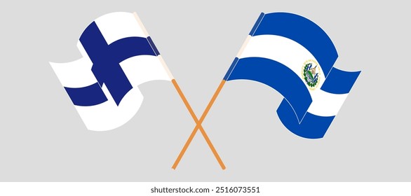 Banderas cruzadas y ondeando de Finlandia y República de El Salvador. Ilustración vectorial.