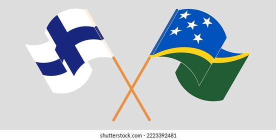 Crossed and waving flags of Finland and Solomon Islands. Vector illustration
