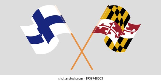Crossed and waving flags of Finland and the State of Maryland