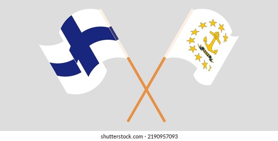 Crossed and waving flags of Finland and the State of Rhode Island. Vector illustration
