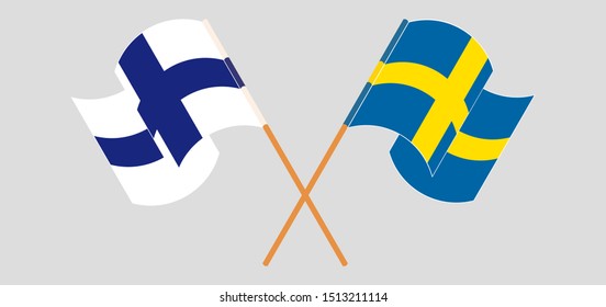 Crossed and waving flags of Finland and Sweden. Vector illustration
