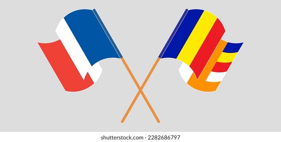 Crossed and waving flags of France and Buddhism. Vector illustration