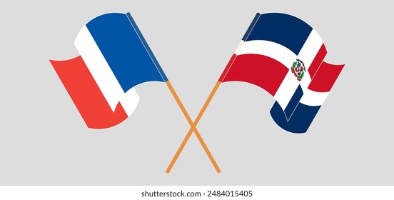 Crossed and waving flags of France and Dominican Republic. Vector illustration
