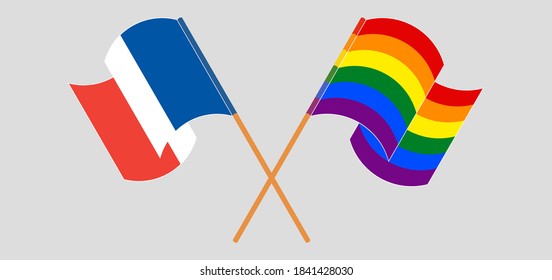 Crossed and waving flags of France and LGBTQ