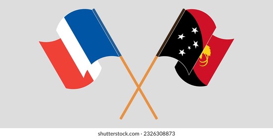 Crossed and waving flags of France and Papua New Guinea. Vector illustration

