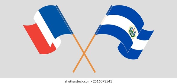 Bandeiras cruzadas e acenando da França e República de El Salvador. Ilustração vetorial.
