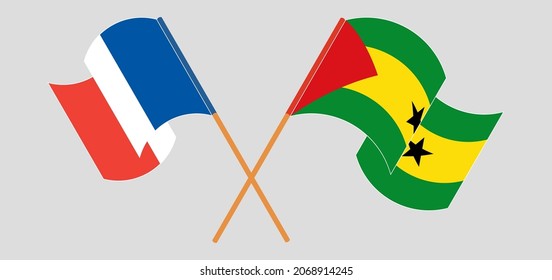 Crossed and waving flags of France and Sao Tome and Principe. Official colors. Correct proportion
