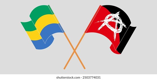 Crossed and waving flags of Gabon and Anarchy. Vector illustration
