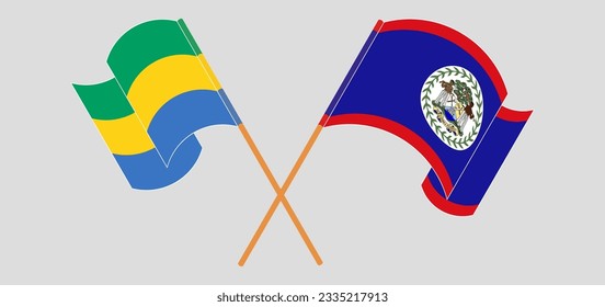 Crossed and waving flags of Gabon and Belize. Vector illustration
