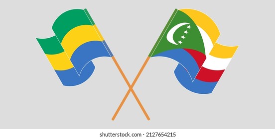 Banderas de Gabón y Comoras cruzadas y ondeando. Ilustración del vector
