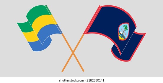 Crossed and waving flags of Gabon and Guam. Vector illustration
