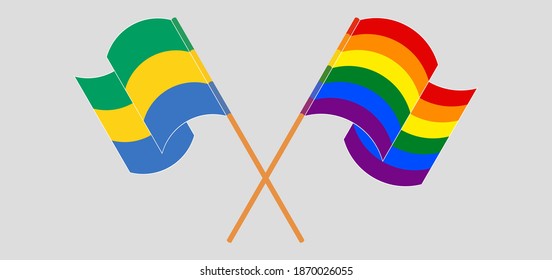 Crossed and waving flags of Gabon and LGBTQ
