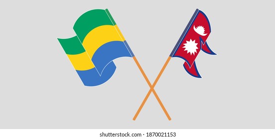 Crossed and waving flags of Gabon and Nepal