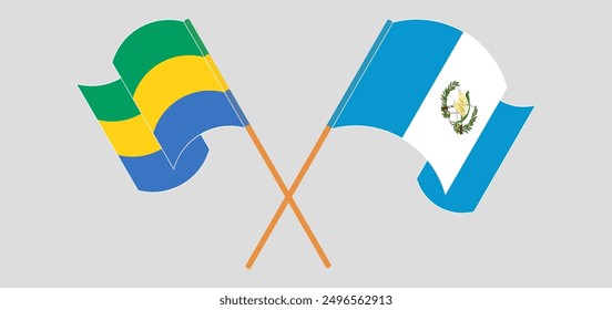 Crossed and waving flags of Gabon and Republic of Guatemala. Vector illustration
