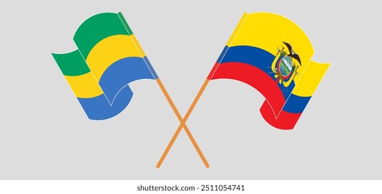 Banderas cruzadas y ondeando de Gabón y República del Ecuador. Ilustración vectorial
