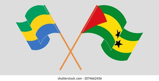 Crossed and waving flags of Gabon and Sao Tome and Principe. Vector illustration