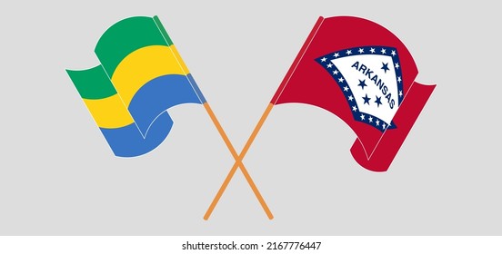Crossed and waving flags of Gabon and The State of Arkansas. Vector illustration
