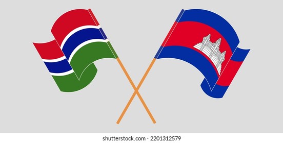 Crossed and waving flags of the Gambia and Cambodia. Vector illustration
