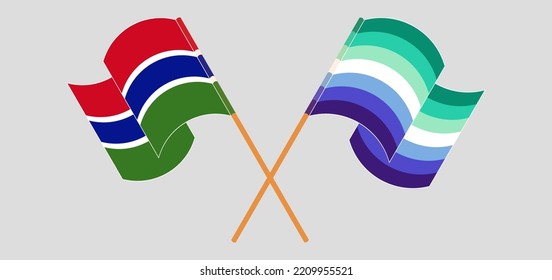 Crossed and waving flags of the Gambia and gay men pride. Vector illustration
