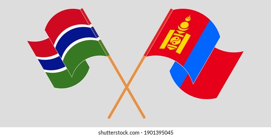Crossed and waving flags of the Gambia and Mongolia