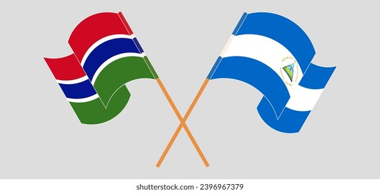 Crossed and waving flags of the Gambia and Nicaragua. Vector illustration
