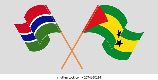 Crossed and waving flags of the Gambia and Sao Tome and Principe. Vector illustration
