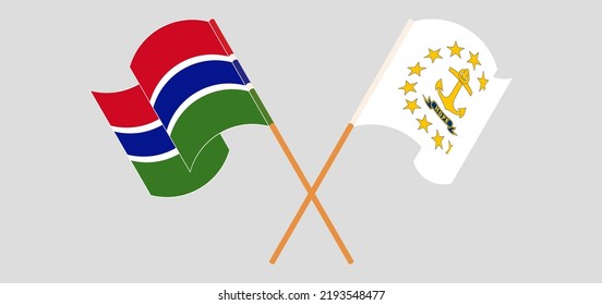 Crossed and waving flags of the Gambia and the State of Rhode Island. Vector illustration
